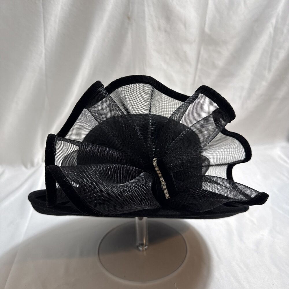 Vintage Women's Black Fascinator Hat Rhinestone & Bow Design Wool & Tool Size 7
